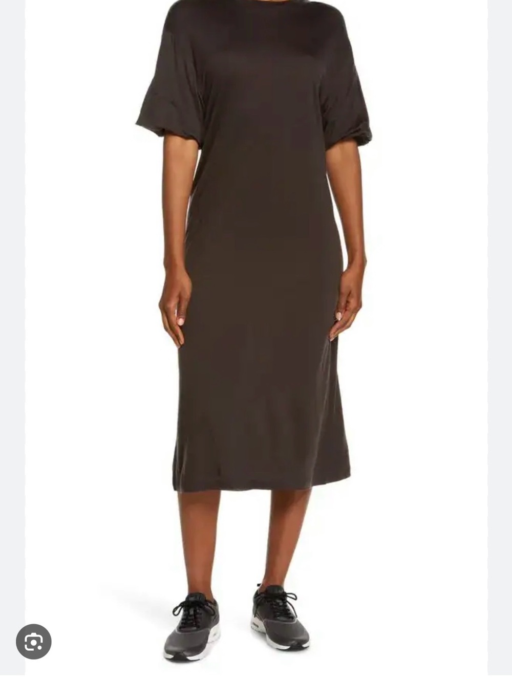 Icebreaker Brown Short-Sleeve Midi Dress — Minimal Crew Neck